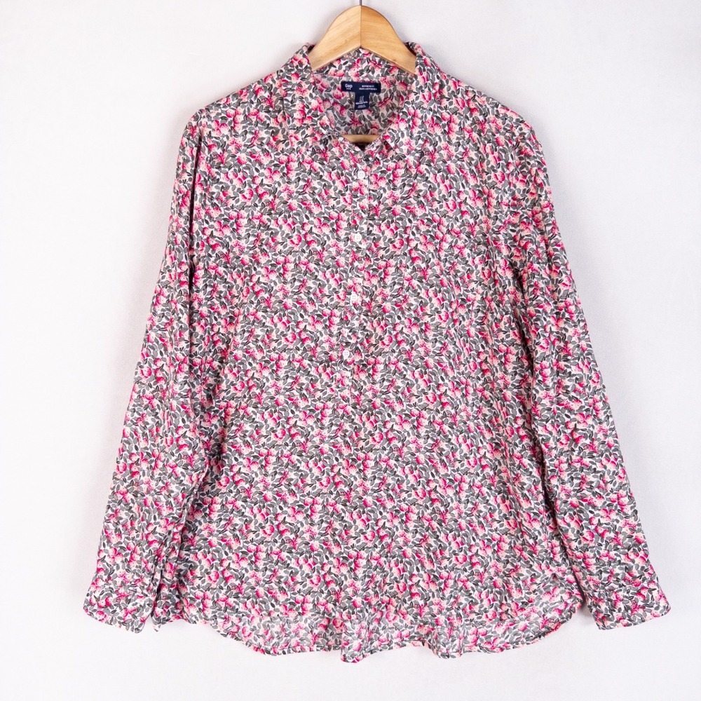 Gap Womens Boyfriend Fit Shirt Large Pink Floral Fruit Print Cotton Popover